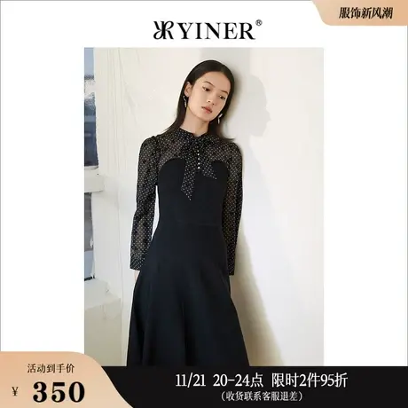 YINER音儿线上专选女装春季波点雪纺袖拼接针织连衣裙图片