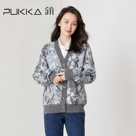 蒲PUKKA 毛衣外套女开衫单排扣提花秋冬季短款修身毛衫商品大图