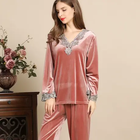 金丝绒睡衣女2023秋冬天鹅绒家居服珊瑚绒保暖家居服大码睡衣套装图片