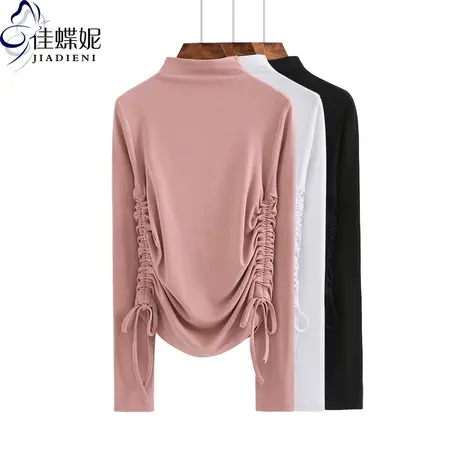 春季新款半高领修身纯棉显瘦抽绳长袖体恤上衣打底内搭韩版女装T商品大图