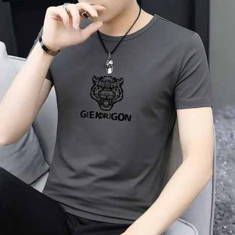 莫代尔冰丝t恤男士短袖潮流虎头印花圆领上衣服半袖夏季凉感体恤商品大图