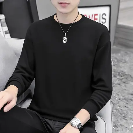 纯色卫衣男春秋款潮ins秋季加绒套头无帽薄款宽松圆领长袖t恤黑色商品大图