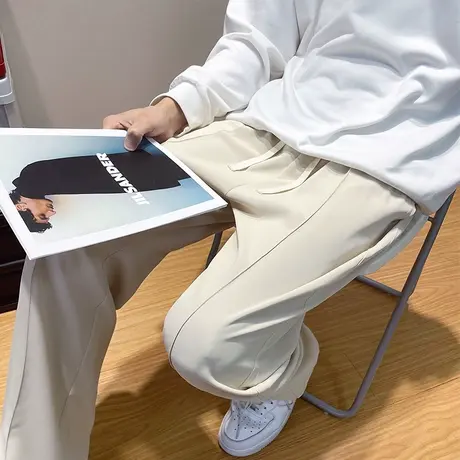 褶皱感裤子男春秋季宽松直筒长裤2024新款潮牌纯色拖地阔腿休闲裤商品大图