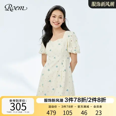 Roem商场同款春夏新品法式甜美公主泡泡袖桃心领高腰短袖连衣裙图片