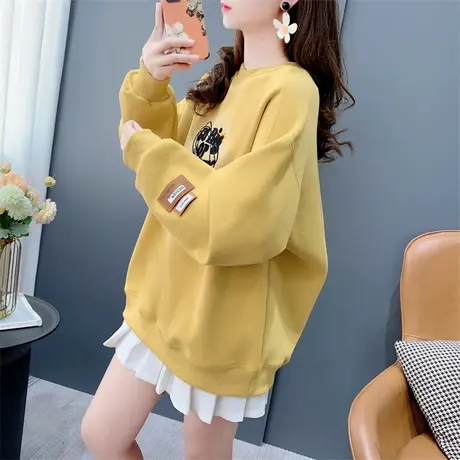 韩版字母圆领加绒卫衣女套头秋冬2023年新款宽松百搭显瘦减龄上衣商品大图