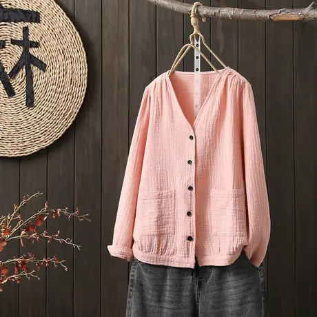 枫谜2023年春季新款V领双层棉纱短外套纯色棉麻百搭长袖开衫上衣图片