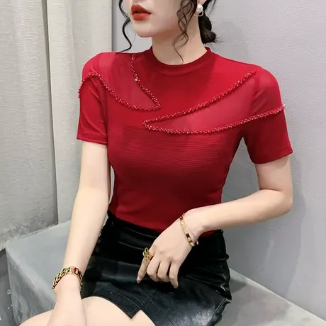 欧货性感气质T恤女短袖夏季百搭显瘦小衫ins时尚钉珠网纱拼接上衣商品大图