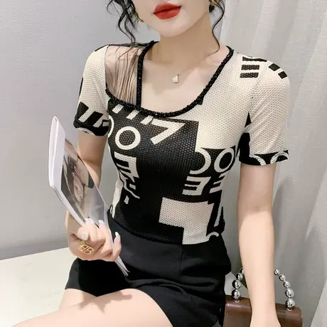 时尚印花斜领T恤女短袖2024夏装新款网纱拼接小衫性感修身上衣ins商品大图