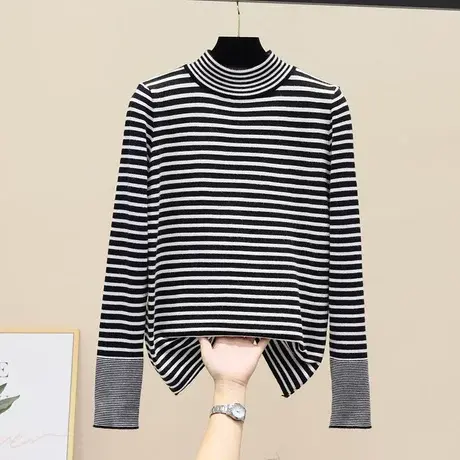 圆领毛衣女套头黑白条纹宽松韩版外穿长袖百搭针织衫打底复古秋冬图片