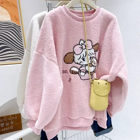 韩代款秋冬羊羔绒外套~ins软糯奶fufu可爱毛毛卫衣加绒宽松胖MM图片