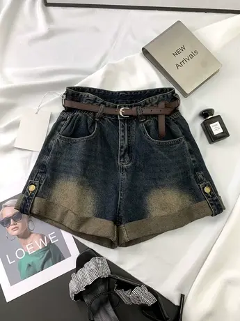 韩版卷边复古牛仔短裤女2023秋季新款显瘦百搭高腰阔腿裤宽松短裤图片