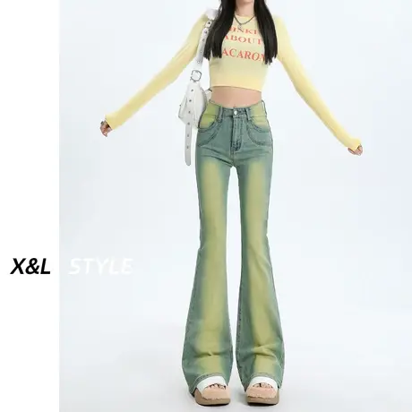 复古做旧微喇叭牛仔裤女秋季高腰显瘦修身马蹄高个子加长拖地裤子商品大图