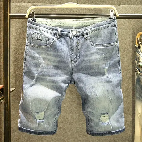 新款破洞牛仔短裤男夏天男生百搭五分裤男士潮牌手工磨破休闲中裤图片