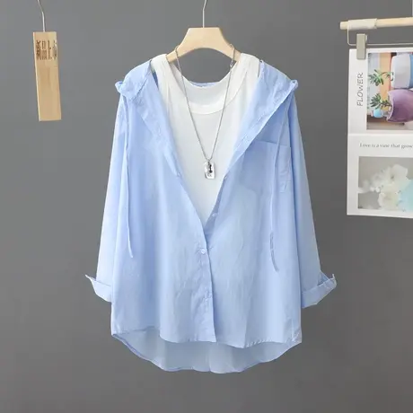 薄款防晒外套连帽衬衫女夏季设计感小众蓝色开衫中长款大码防晒衣商品大图