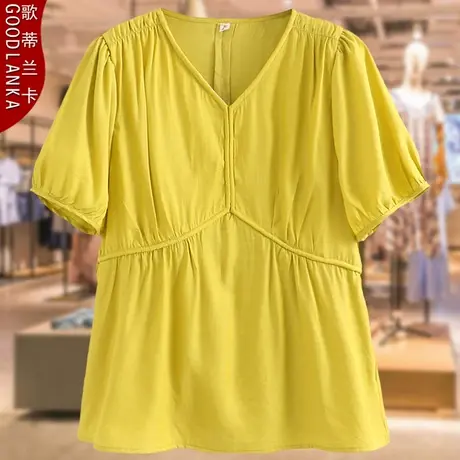 短袖娃娃衫夏季法式大码上衣中年妈妈装洋气时尚宽松V领T恤200斤商品大图