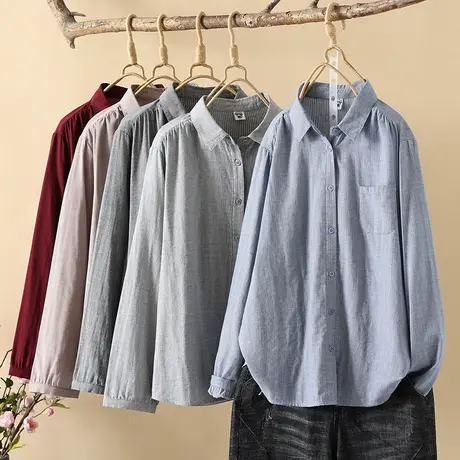 文艺复古软糯亲肤小格子衬衣打底双层棉纱长袖衬衫女商品大图