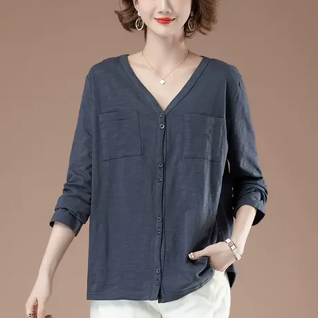 加肥加大码长袖t恤女春秋新款宽松中年妈妈全棉百搭V领显瘦打底衫图片