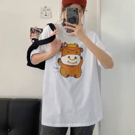 欧货大版ins短袖t恤女2021早春新款纯棉宽松韩版bf慵懒风上衣服潮图片