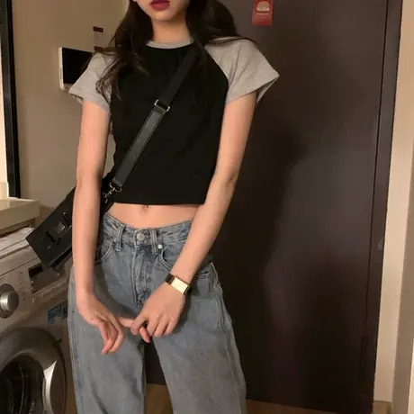 撞色短袖女韩版高腰潮ins百搭学生上衣夏2025年新款露脐bm短款t恤商品大图