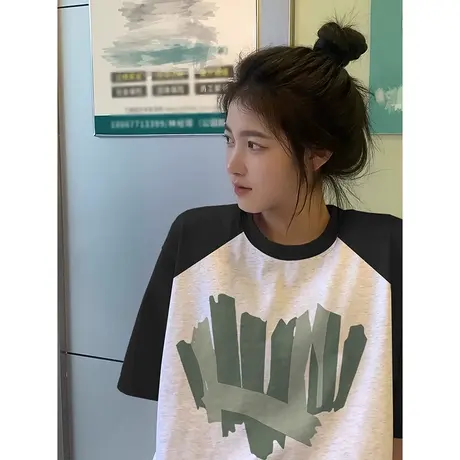 胖mm撞色爱心短袖T恤女2023新款插肩袖显瘦大码纯棉复古ins上衣夏商品大图