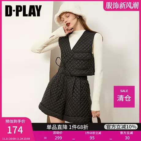DPLAY德帕拉秋冬黑色复古休闲绑带绗棉保暖马甲上衣短裤两件套装图片