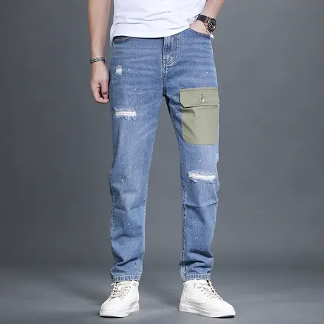 夏季破洞牛仔裤男宽松直筒裤港系阔腿大码潮牌男士休闲裤蓝色薄款商品大图