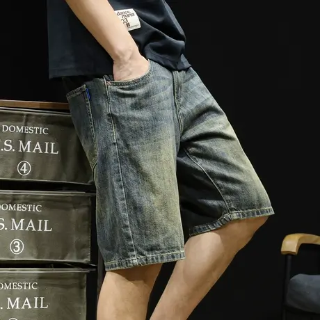 复古牛仔短裤男士五分裤夏季潮牌24新款宽松大码中裤男装5分裤子图片