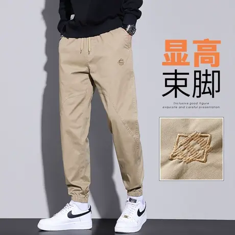 卡其色高街束脚美式潮牌休闲裤子春秋款男装纯棉哈伦工装春季男裤商品大图