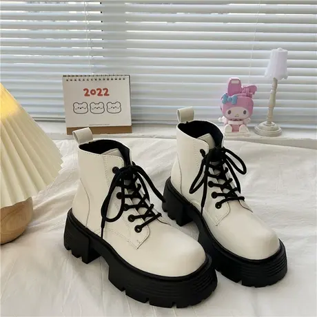 厚底马丁靴女夏季2024年新款小个子增高系带白色复古英伦风短靴子图片