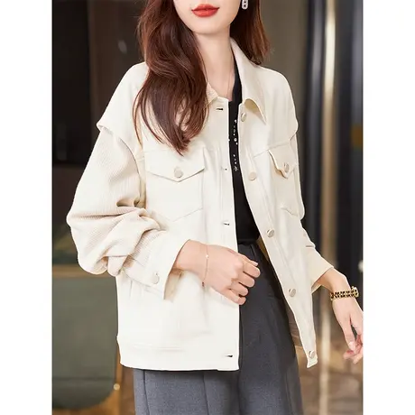 宝诗黎针织拼接白色牛仔外套秋季新款2023年洋气女装宽松百搭上衣商品大图