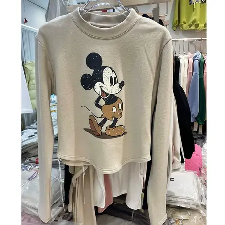 欧货双面德绒半高领高腰短款打底衫女磨毛厚款冬卡通印花修身短T商品大图