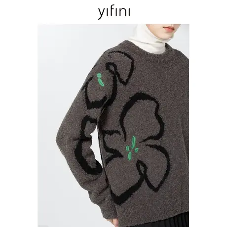 Yifini/易菲羊毛混纺宽松保暖毛衫女冬季新款百搭套头针织衫商品大图