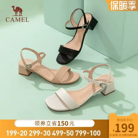 骆驼女鞋2024夏季新款真皮一字带休闲高跟鞋露趾粗跟时装凉鞋女商品大图