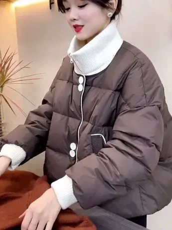 欧货立领拼接假两件轻薄羽绒服女2023冬新款宽松短款小个子外套潮商品大图