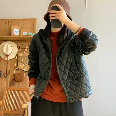 dza 复古短款连帽加绒皮棉衣外套女冬季新款宽松菱格加厚棉服上衣图片