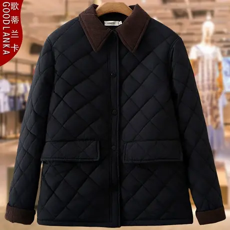 中年妈妈冬季撞色棉衣棉衣外套大码宽松时尚灯芯绒翻领羽绒棉服女图片