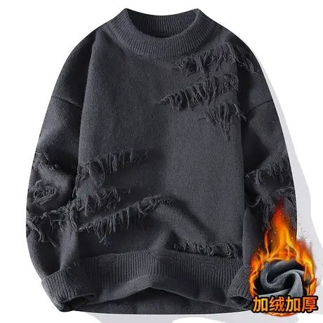 设计感小众毛衣男潮冬季加绒加厚废土风针织衫男宽松慵懒风毛线衣商品大图