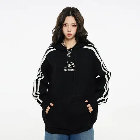 Nuthink国潮冬天加厚撞色冬季带帽子字母简约毛衣 男潮连帽针织衫图片