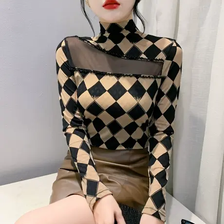 性感网纱打底衫女长袖春秋时尚撞色印花镂空拼接钉珠上衣修身T恤商品大图