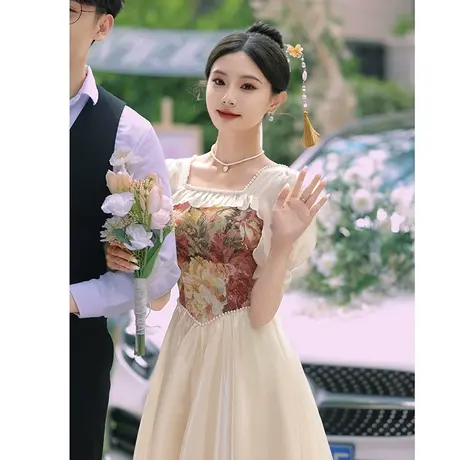 敬酒服新娘高级感订婚小礼服连衣裙平时可穿夏季聚会法式复古拼接商品大图