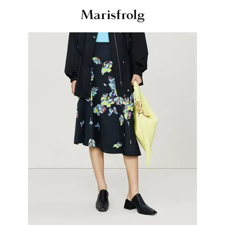 【艺术匠坊】玛丝菲尔时尚气质百搭蝴蝶印花斜裁下摆显瘦半身裙女商品大图