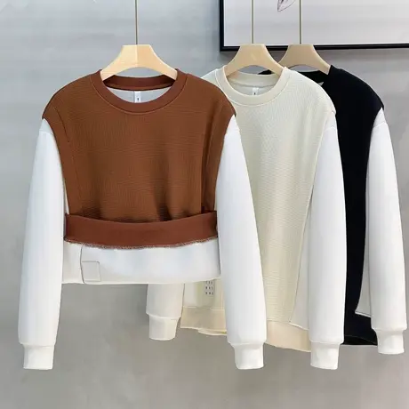 假两件拼接加绒卫衣男冬季潮流宽松圆领美式休闲个性体恤套头外套商品大图