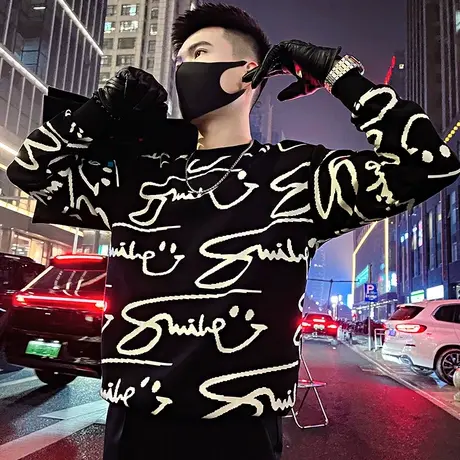 设计感轻奢满印个性涂鸦印花卫衣t恤男春季宽松百搭长袖上衣外套图片