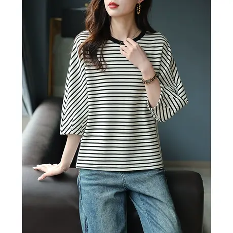 宝诗黎休闲女装圆领条纹蝙蝠袖T恤韩版2024春季新款百搭宽松上衣商品大图