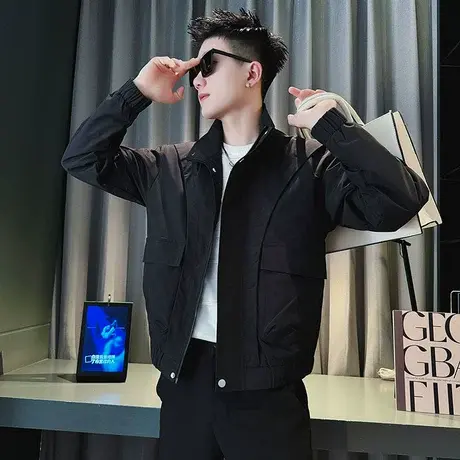 工装外套男春季纯色潮牌时尚拼接立领褂子百搭冲锋衣男装休闲夹克商品大图