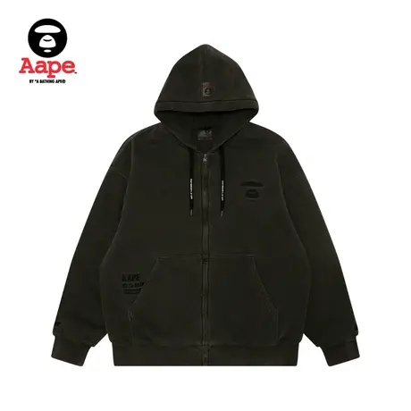 Aape男装春秋猿人字母刺绣水洗做旧休闲复古连帽卫衣外套A397MXL图片