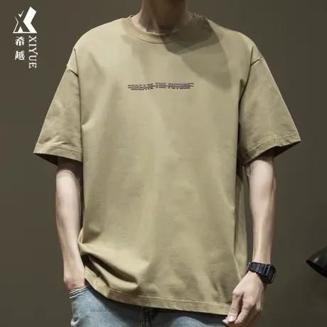 希越260G重磅三本针T恤男2024春季新款宽松大码男士短袖内搭体恤商品大图