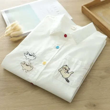 春秋装文艺小清新猫咪刺绣纯棉长袖白衬衫女学生减龄百搭打底上衣商品大图