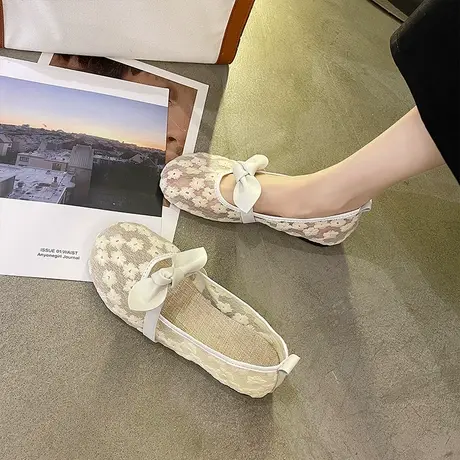 平底单鞋女2024夏季新款网纱透气蝴蝶结仙女风豆豆鞋网红百搭瓢鞋商品大图