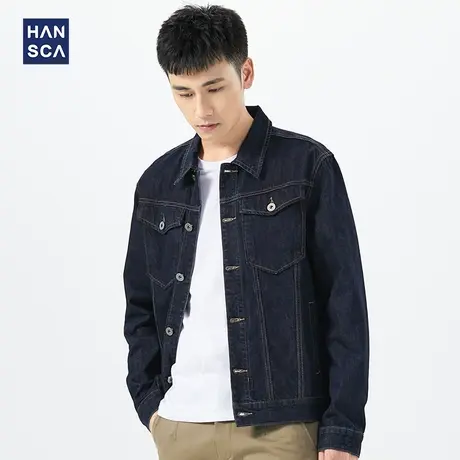 汉斯卡2021春秋款黑色牛仔外套男韩版百搭宽松水洗复古原色夹克男商品大图